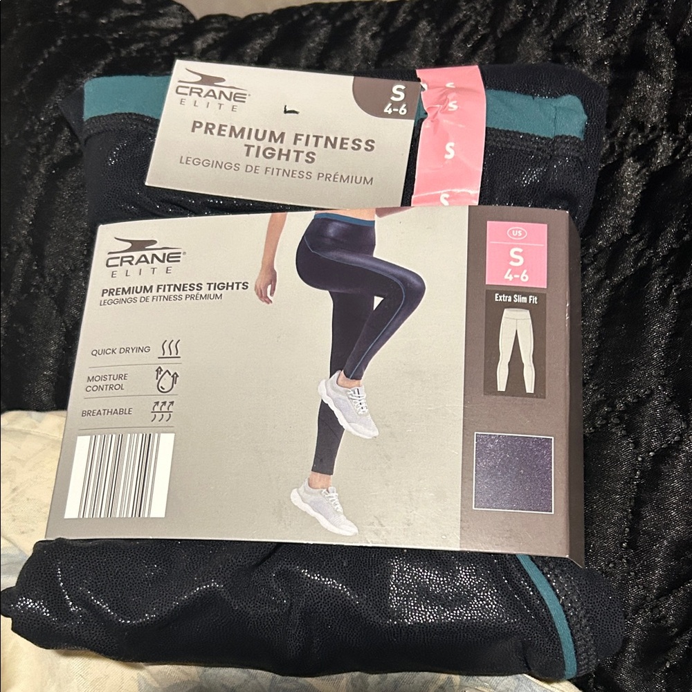 NWT Crane Elite Premium Fitness Tights in Navy with Teal Trim